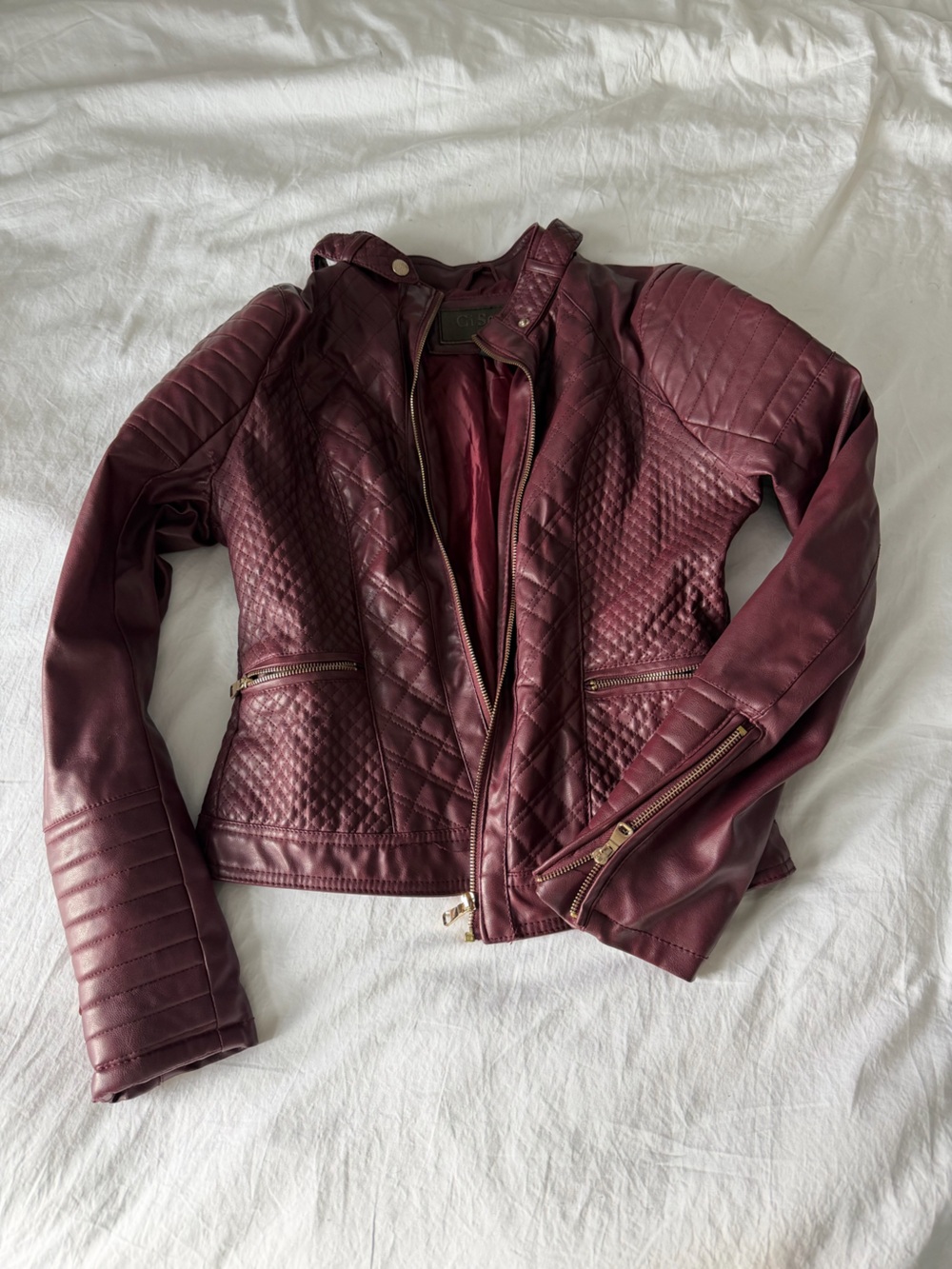 Ci Sono Quilted Burgundy Faux Leather Moto Jacket with Gold Hardware